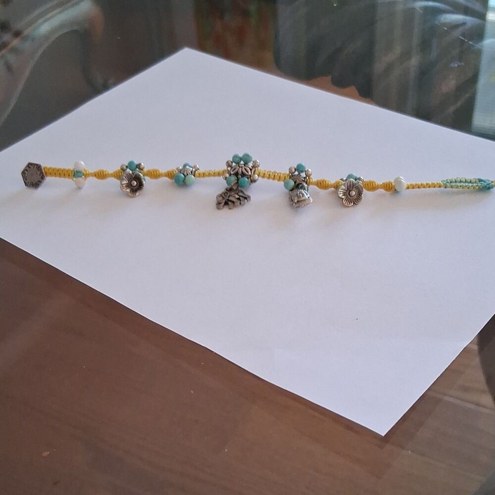 Asian Style Beaded Charm Bracelet Turquoise Buddha Elephant Adjustable 7" Brass
